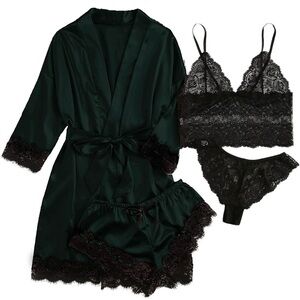 SOLY HUX NEW(in bag) Women's Satin 4p Lace Lingerie Sleepwear w/Robe valentines
